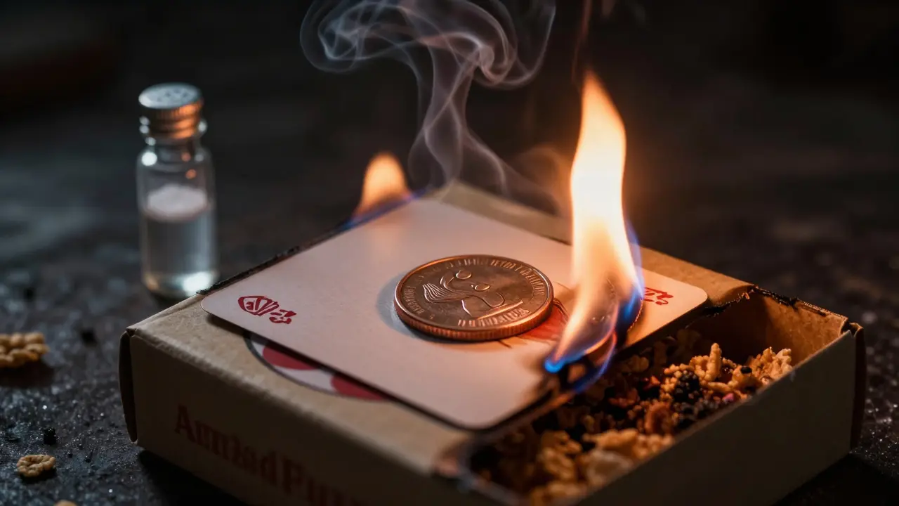 Tarjeta de cartón ardiendo con una moneda de cobre intacta encima, sin fuego en la moneda.