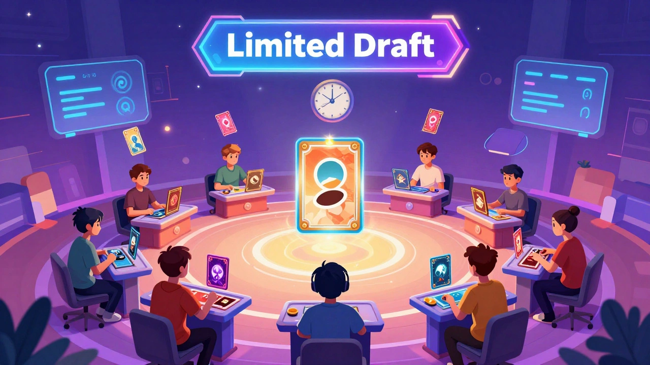 Torneo digital de Magic Online con ocho jugadores en una arena virtual, cartas flotando y banners brillantes.