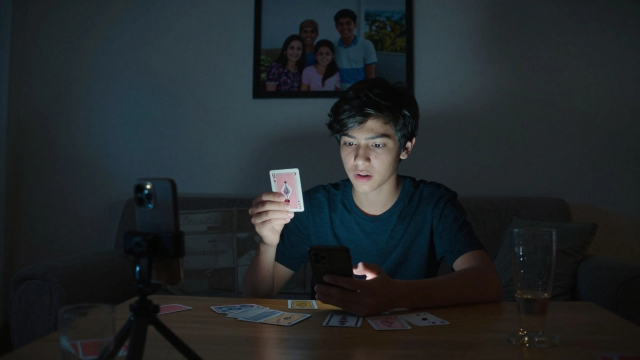 Un adolescente ve un truco de cartas en su teléfono, iluminado por la pantalla en una habitación oscura.