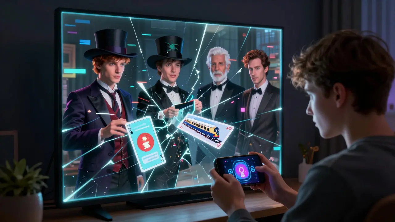 Un joven en su habitación ve magia digital en su pantalla, reflejada en un espejo roto.