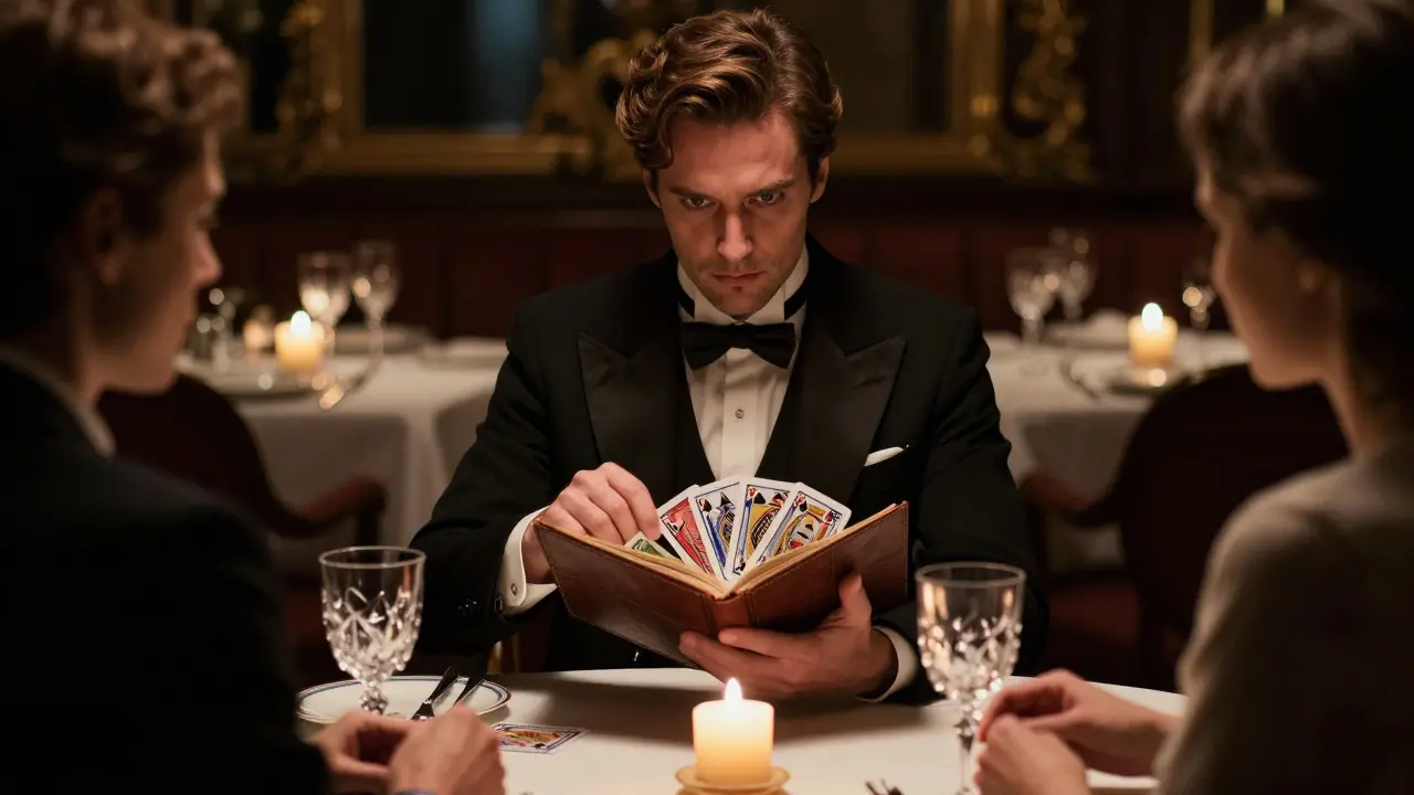 Un mago abre un libro para revelar una carta elegida, iluminado por vela en un restaurante elegante.