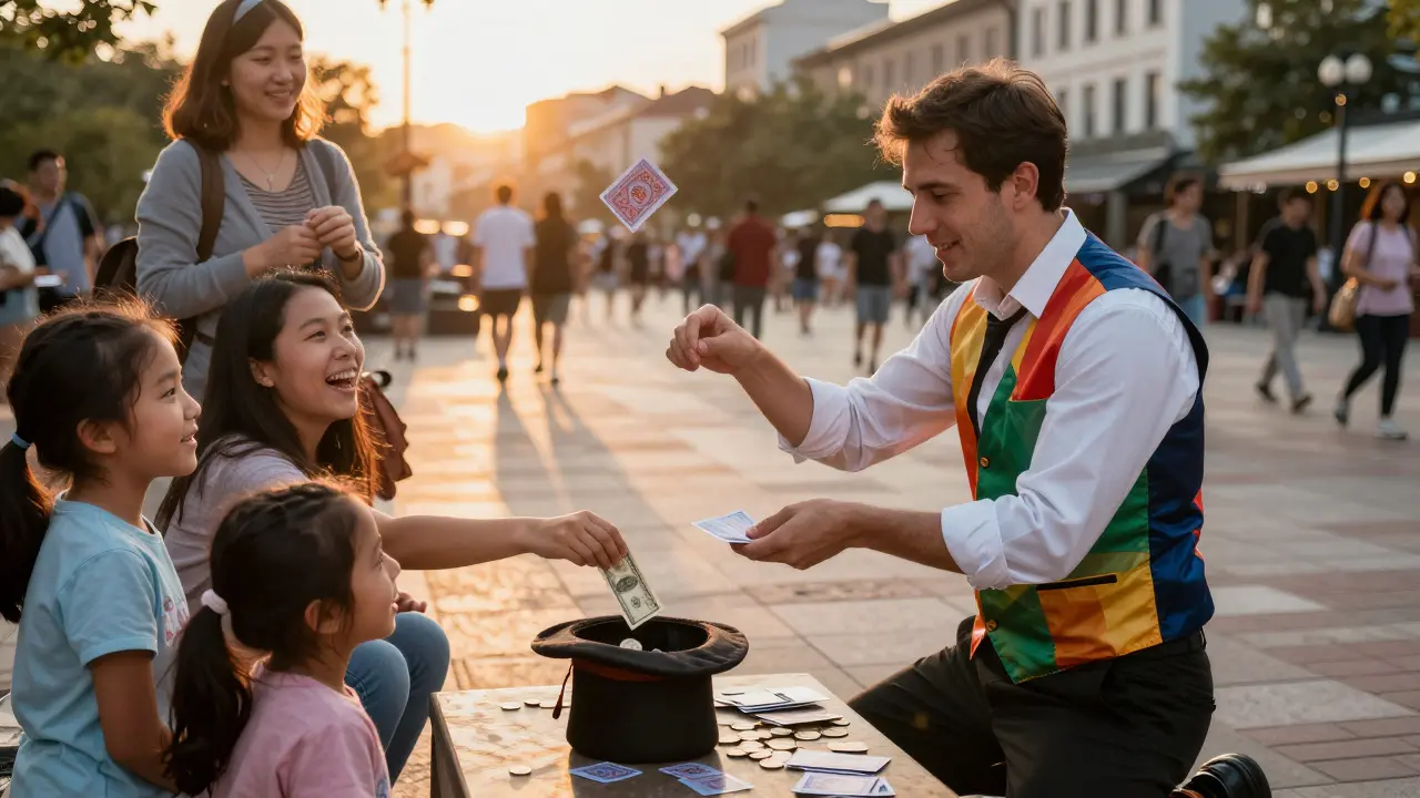 Un mago callejero acepta una propina en efectivo de una mujer en una plaza llena de gente al atardecer.