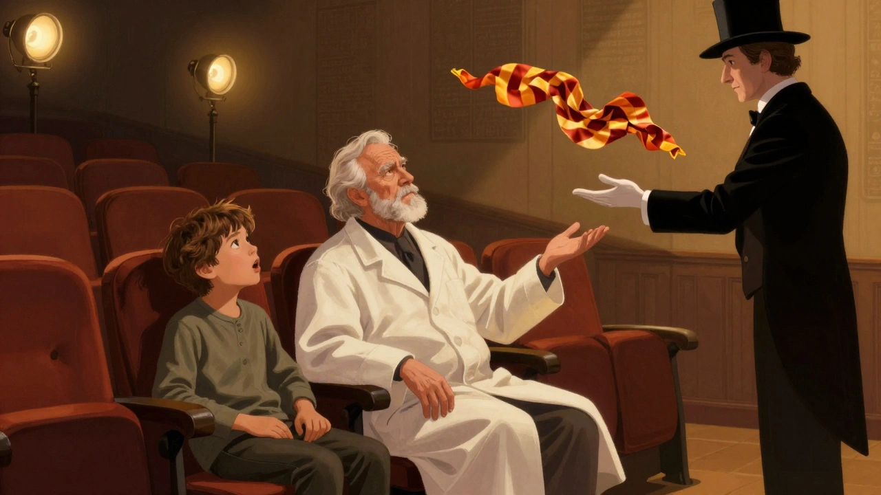 Un niño y un científico miran asombrados una bufanda que flota en el aire, en un teatro con luz cálida.
