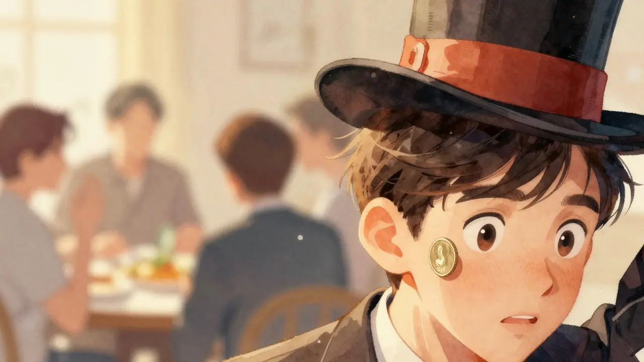 Una moneda aparece detrás de la oreja de alguien mientras su expresión muestra sorpresa.