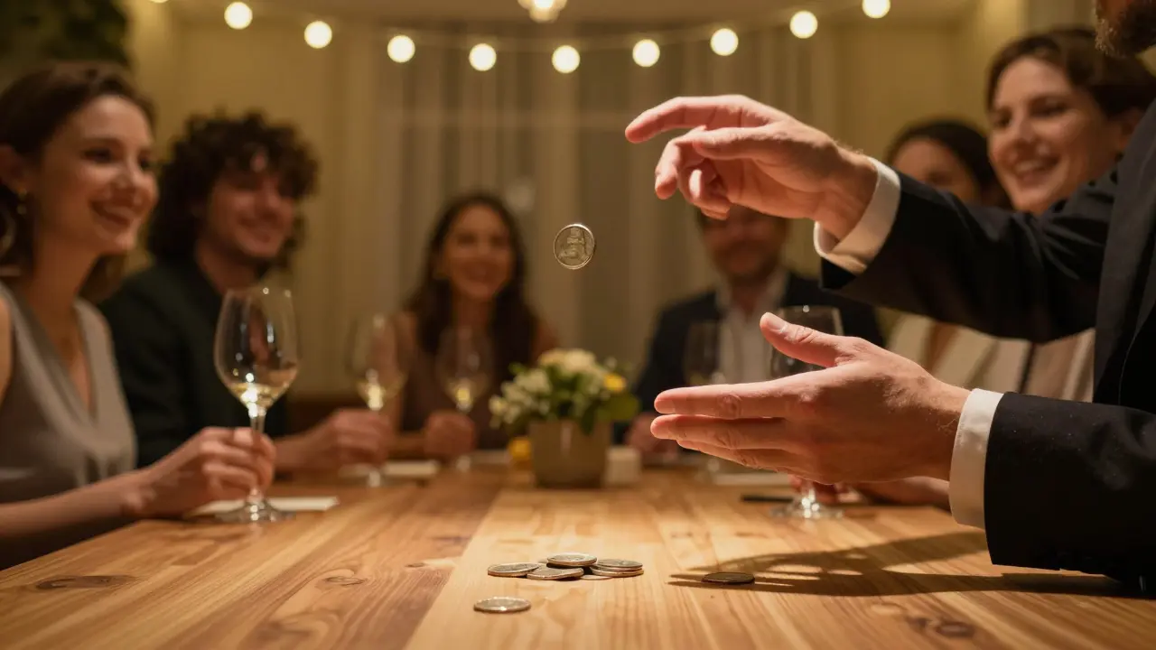 Una moneda flota sobre una mesa mientras invitados celebran una fiesta de cumpleaños, sin ningún mecanismo visible.