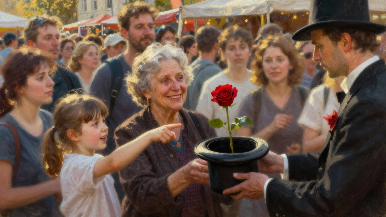 Una multitud observa con emoción cómo un mago saca una rosa de un libro en una feria.