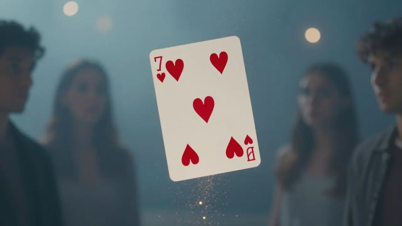 Carta de corazones flotando en un bucle que se desvanece al regresar al mazo, rodeada de siluetas distraídas.