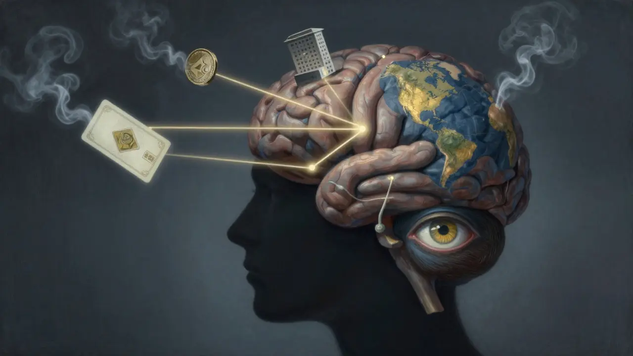 Cerebro humano con objetos mágicos desvaneciéndose en humo, representando la ilusión de la atención.