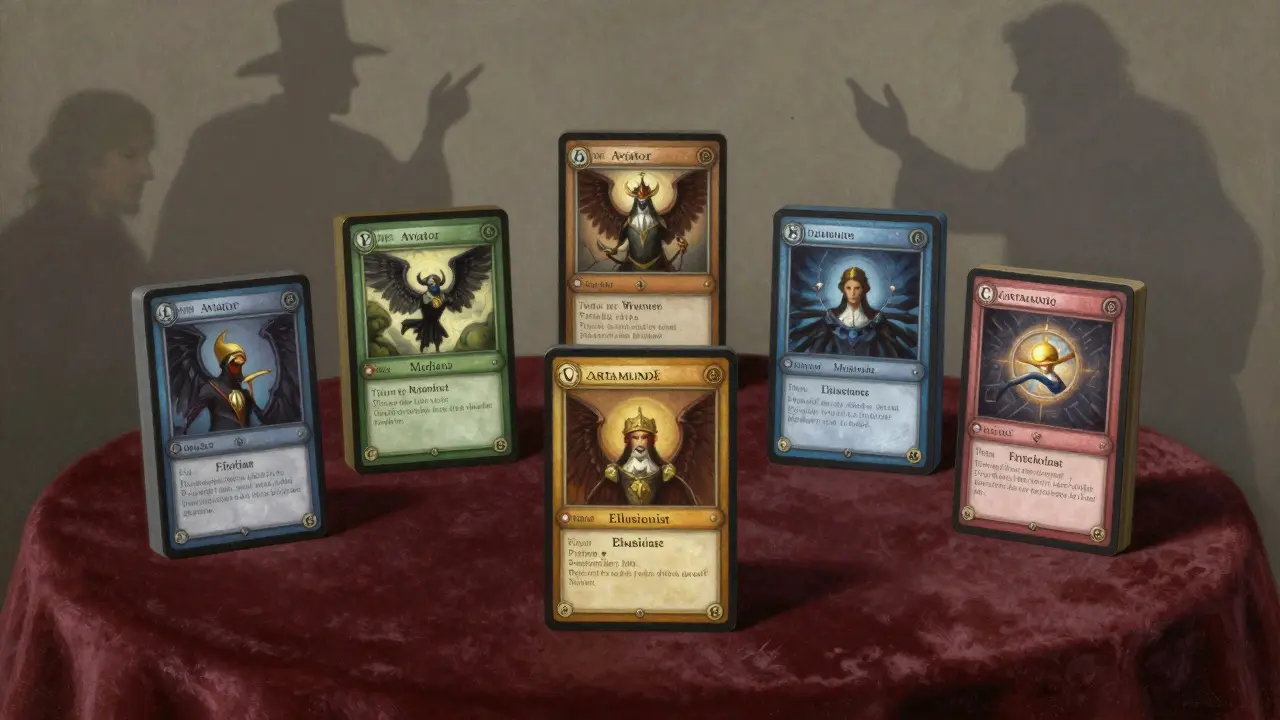 Cinco barajas de magia distintas sobre terciopelo, cada una con texturas y diseños únicos.