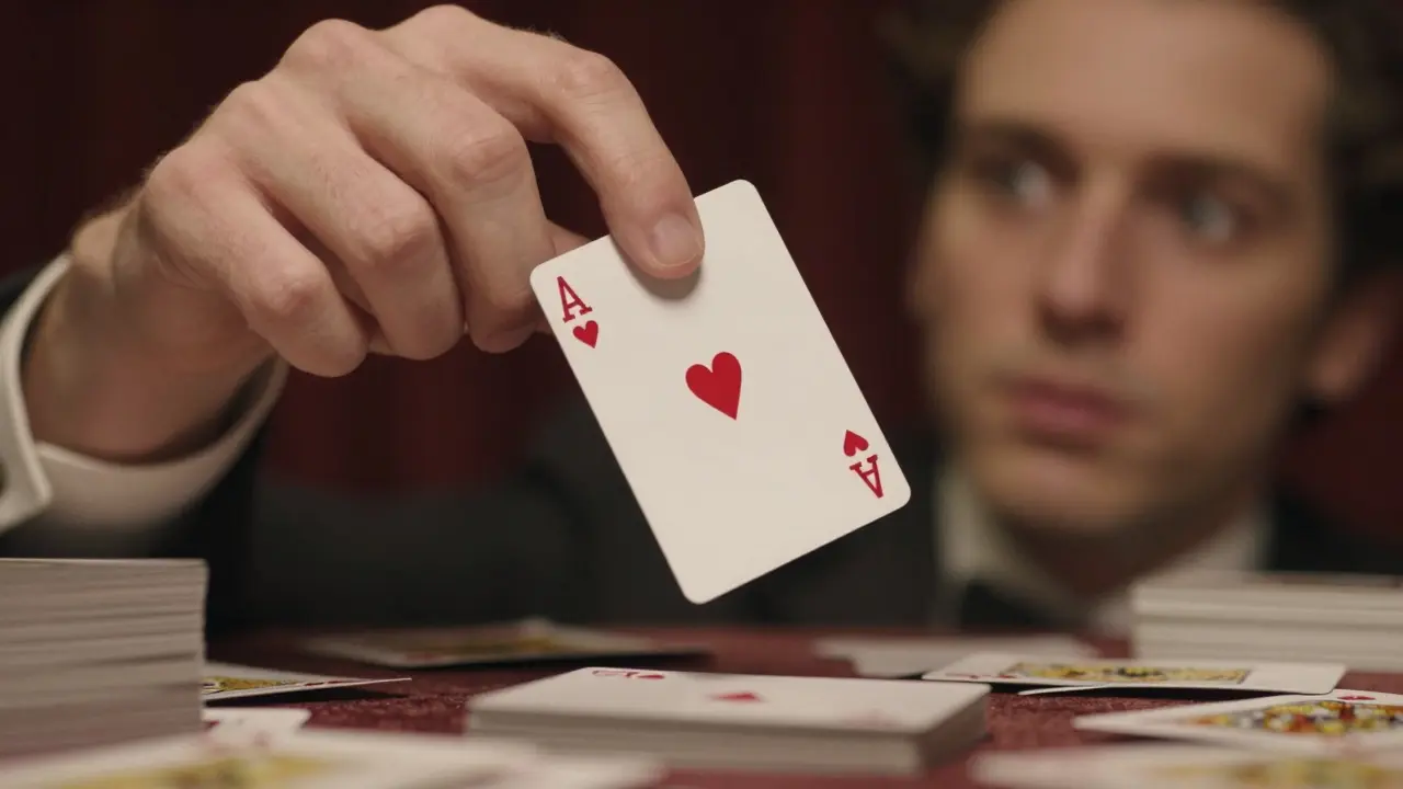 Dedos formando un bucle con una carta mientras la mirada del mago se dirige hacia arriba.