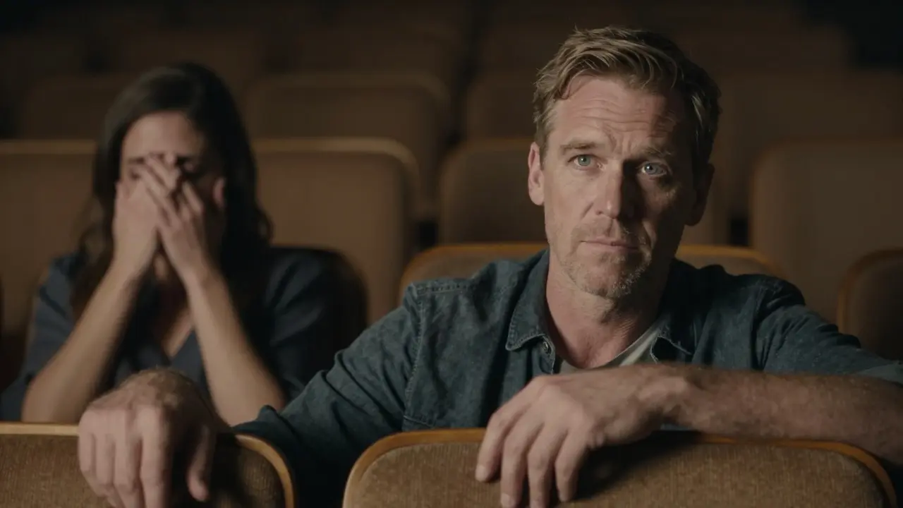 Derren Brown mira fijamente a una mujer que llora en primera fila, en una sala de teatro oscura.