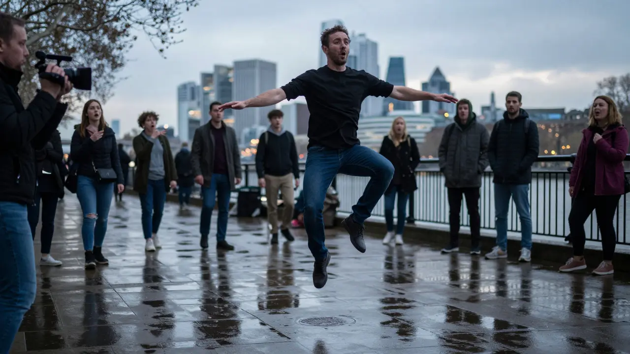 Dynamo flotando sobre el Támesis mientras transeúntes lo miran con asombro en la calle.