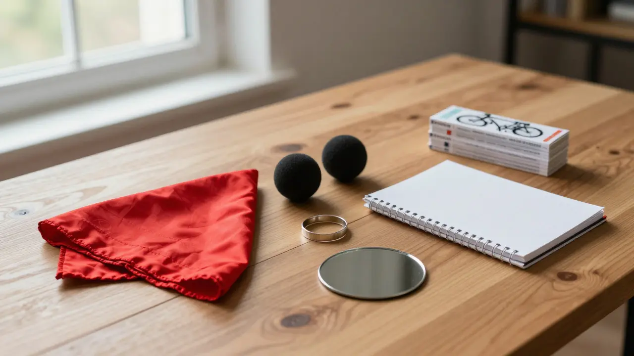 Equipo esencial de magia: pañuelo, bolas, anillo y cuaderno sobre madera.