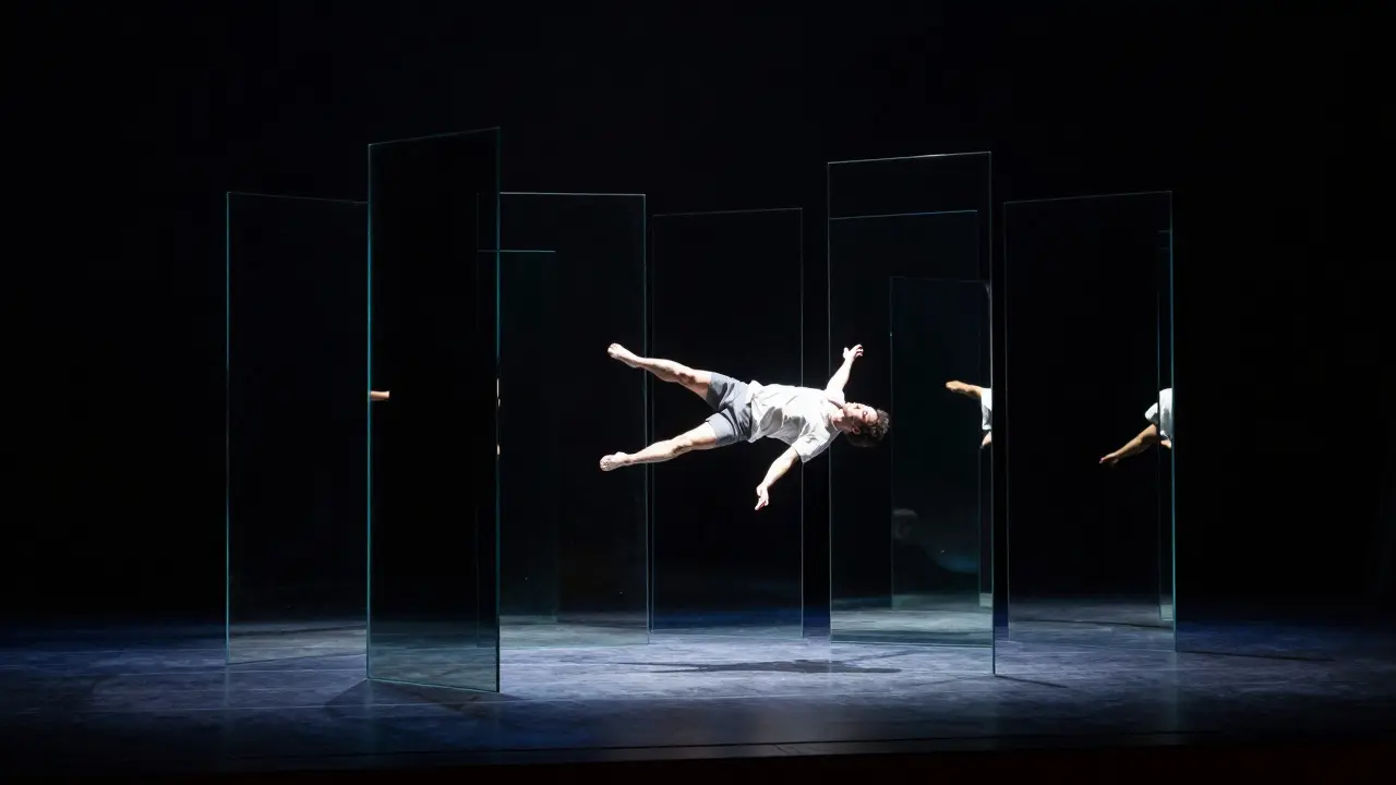 Ilusión de persona flotando en el aire mediante espejos estratégicamente colocados en escenario oscuro.