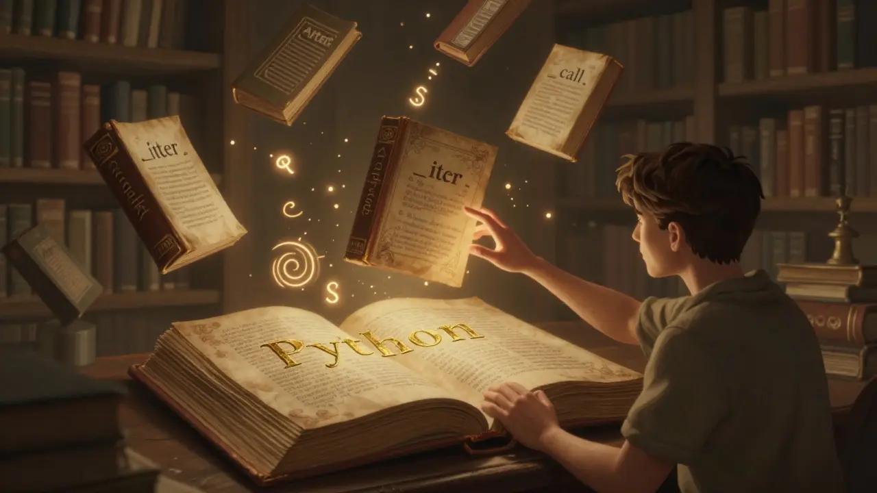 Librería mística con libros etiquetados como __iter__, __getitem__ y otros métodos dunder iluminados.