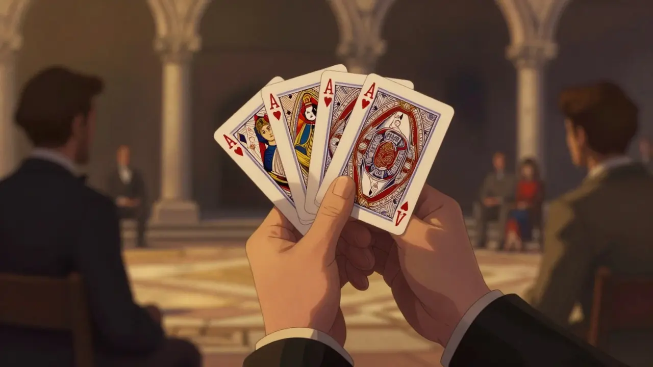 Magia en una plaza europea con cartas Modiano bajo luz cálida del atardecer.