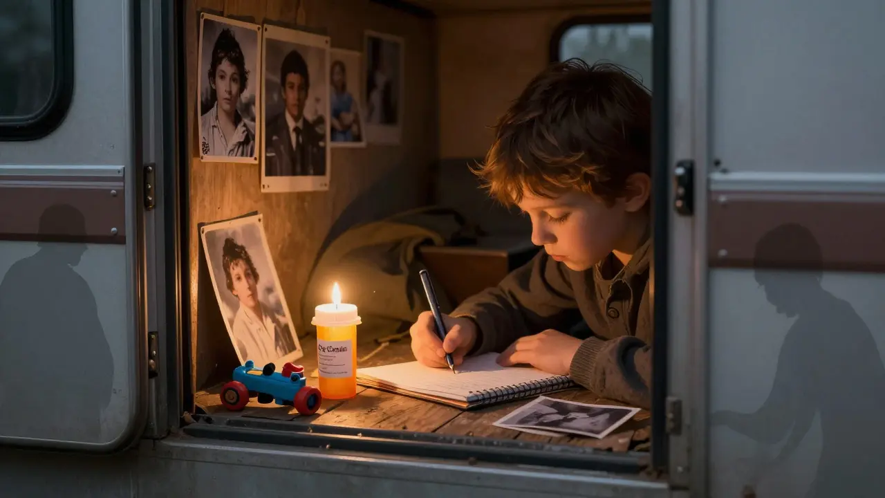 Mano de un niño escribiendo en un cuaderno a la luz de una vela, entre fotos familiares y una botella de medicamento.