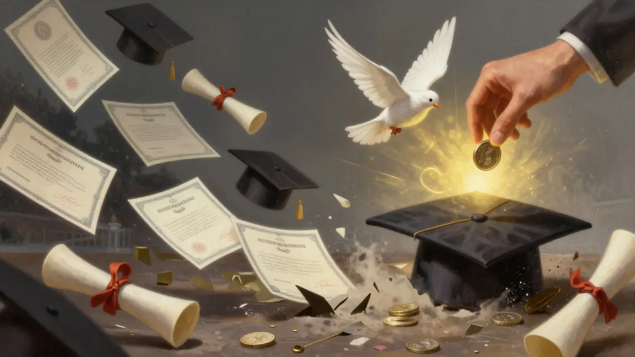 Manos de mago creando un truco mientras diplomas se desintegran en polvo.