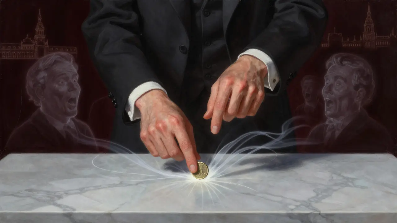 Manos de un mago haciendo un truco imposible: una moneda atraviesa una mesa de mármol, rostros asombrados flotan alrededor.