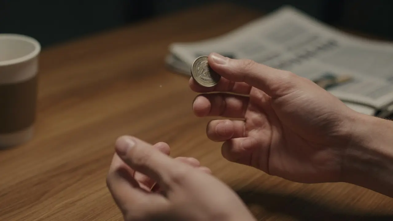 Manos realizando un truco de moneda desaparecida, con la moneda oculta en la palma.
