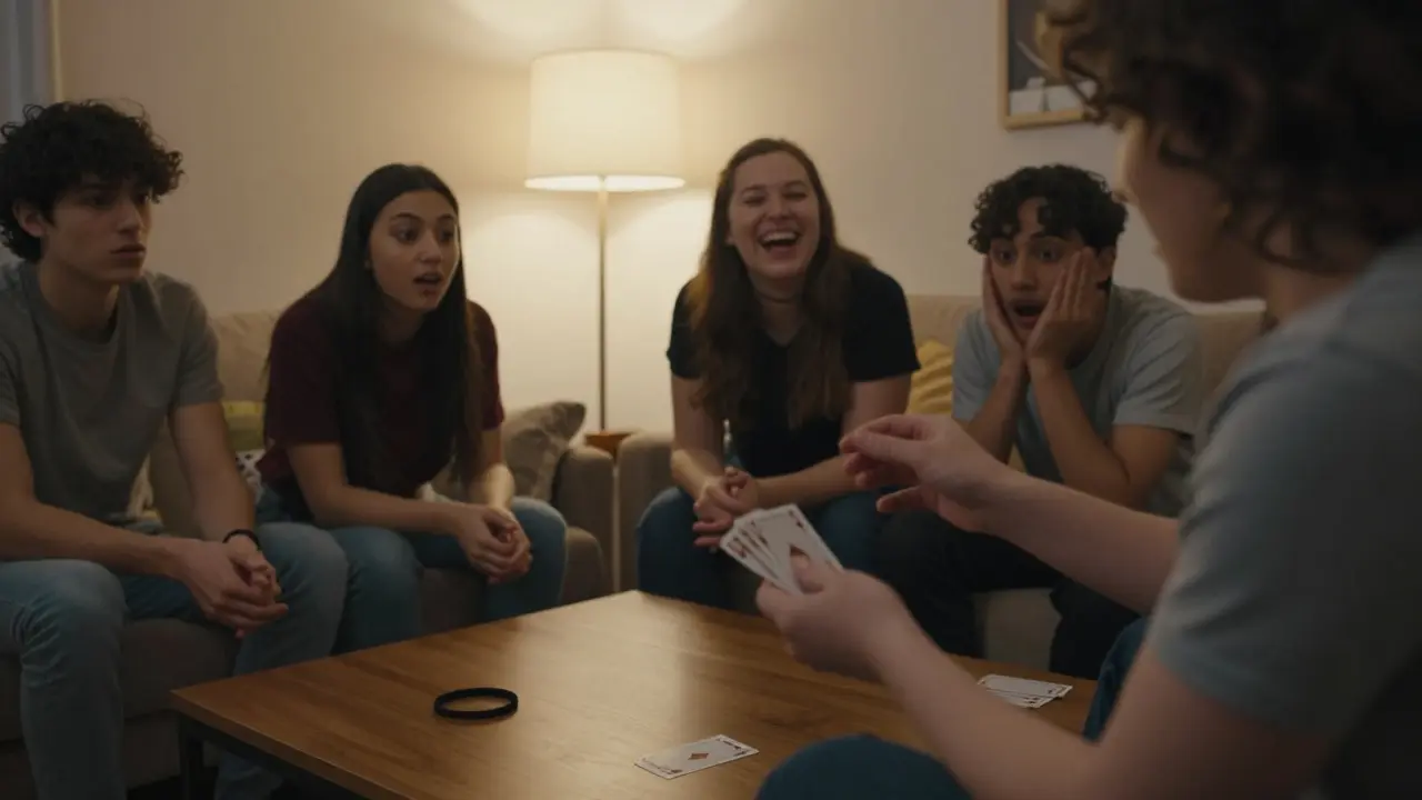 Persona realizando un truco de magia con cartas ante amigos sorprendidos.