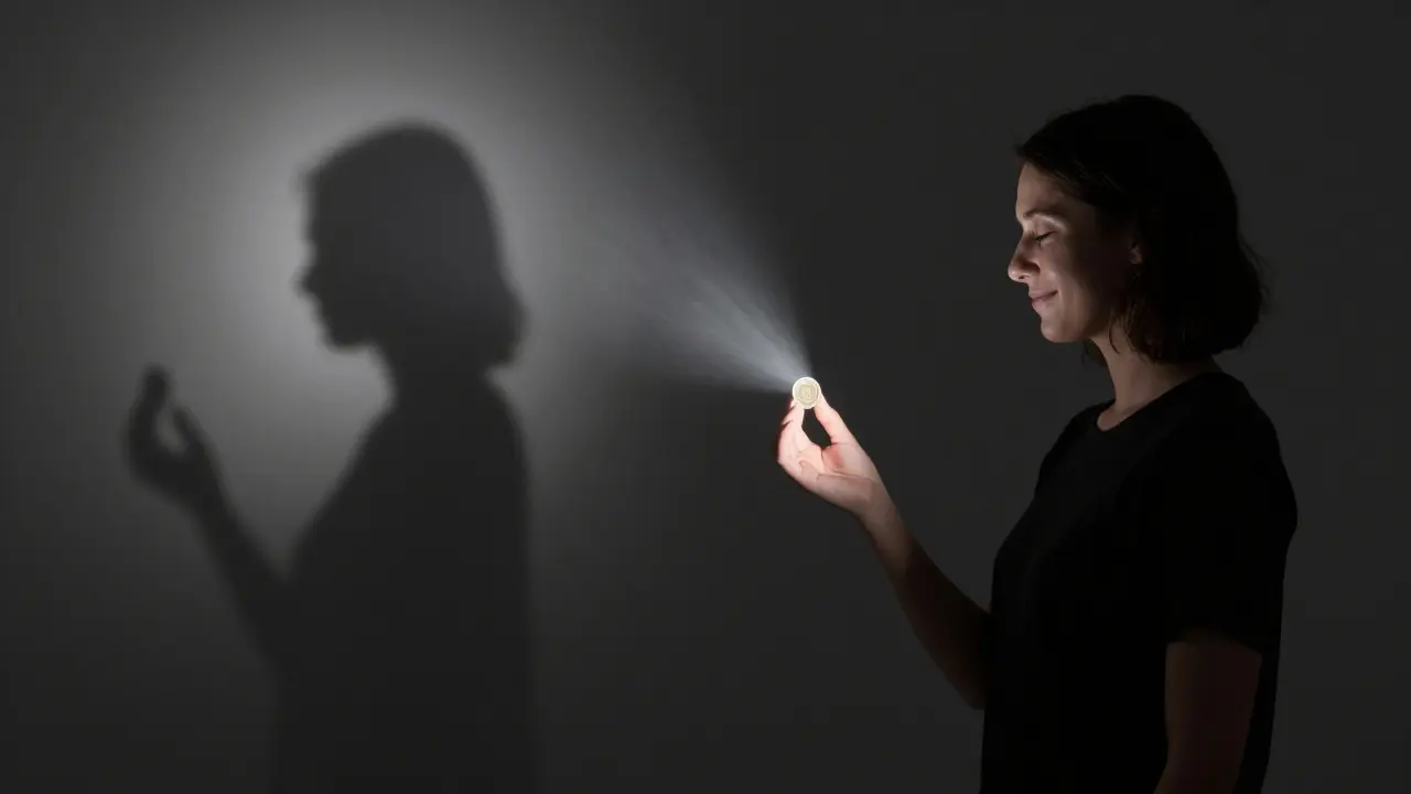 Persona sola en una habitación oscura, sosteniendo una moneda bajo la luz de la luna, como si estuviera desapareciendo.
