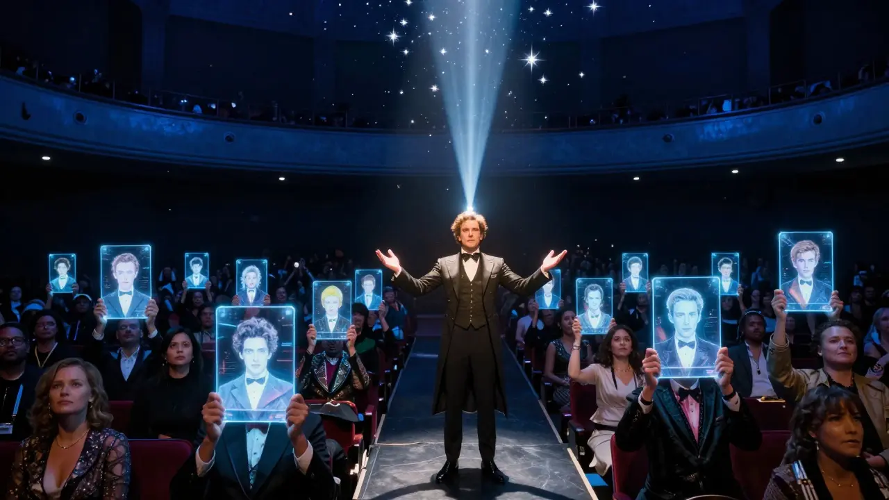 Público admirando a David Copperfield mientras hologramas de otros magos flotan a su alrededor.