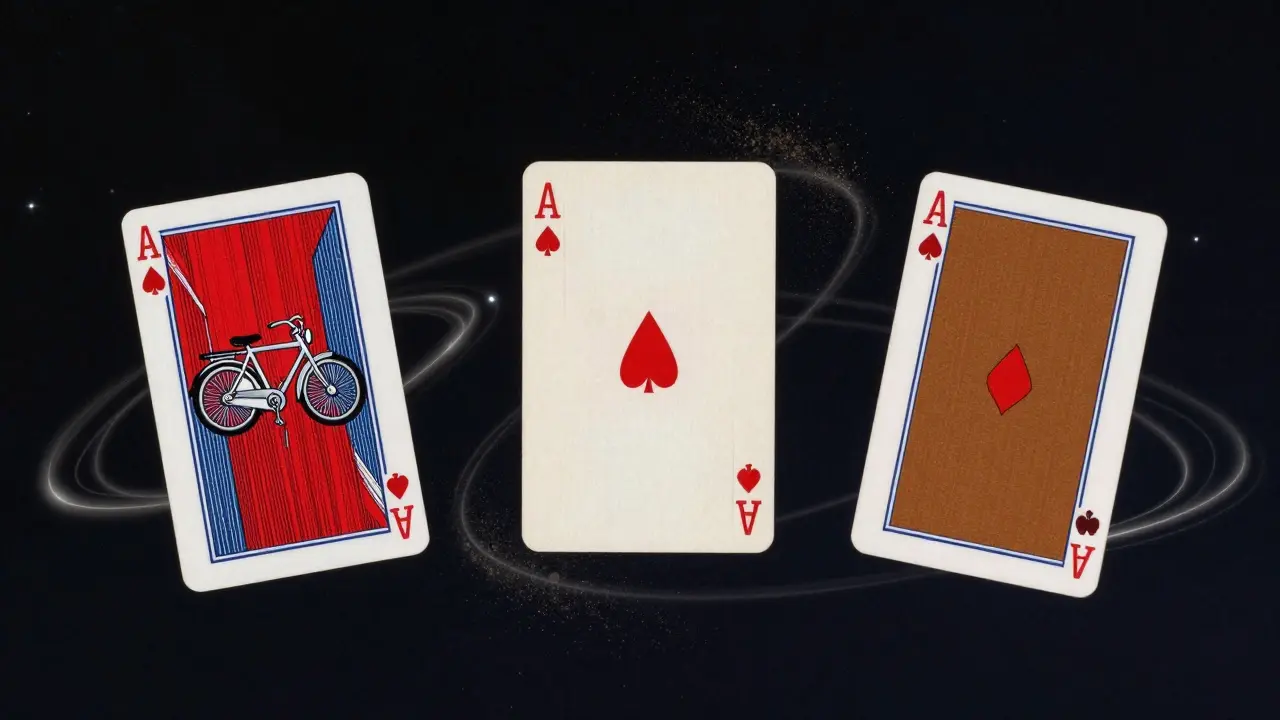 Tres mazos de cartas mágicas flotando en el espacio, cada uno con texturas distintas.