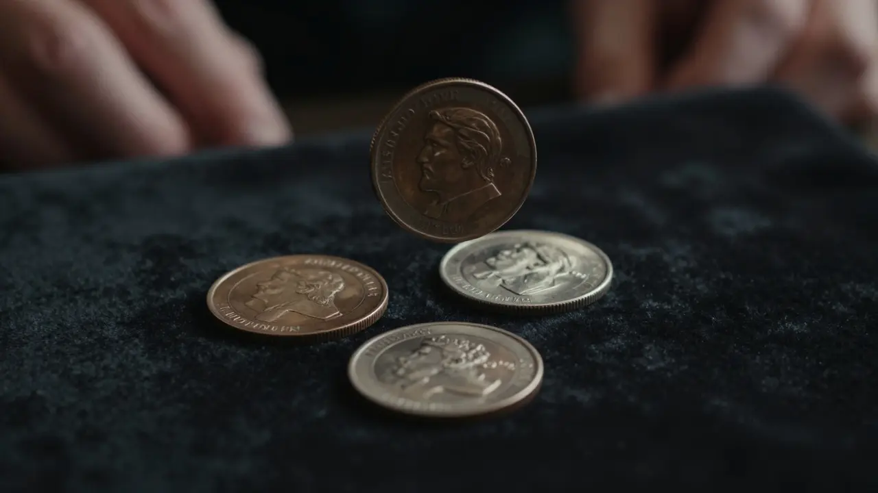 Tres monedas de magia sobre terciopelo negro, listas para un truco de manipulación.