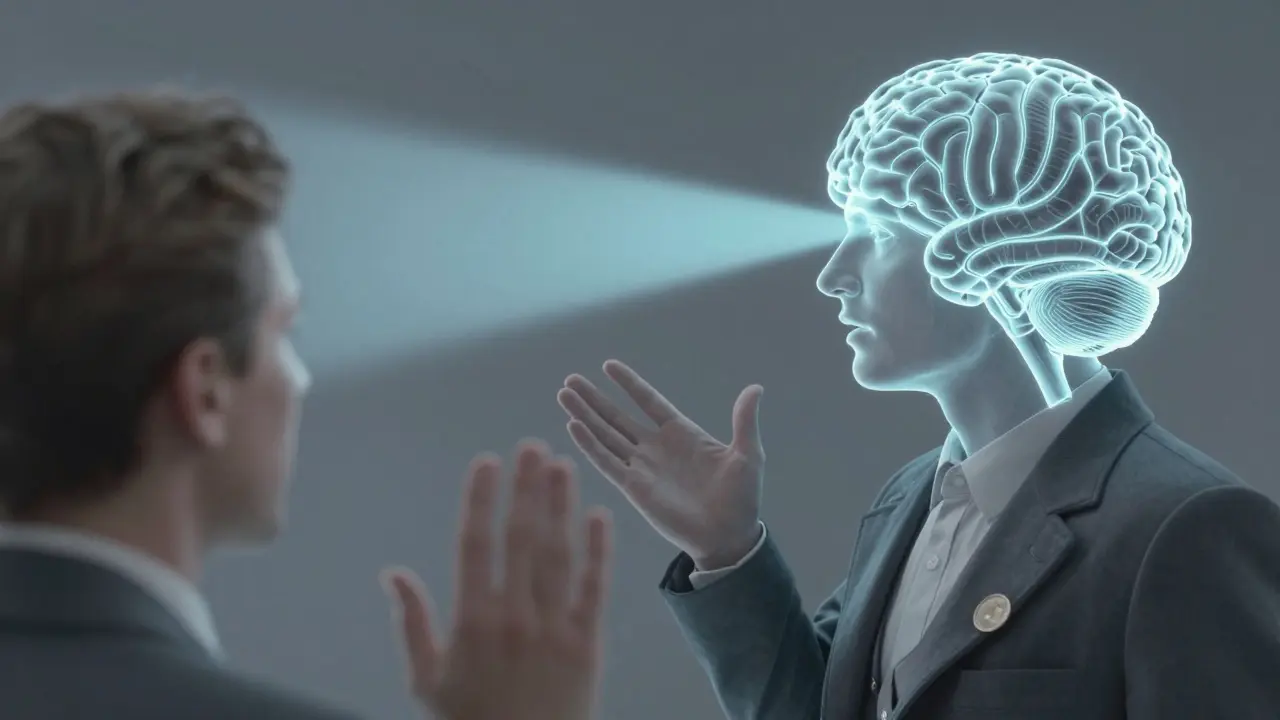 Un cerebro humano con líneas invisibles de atención dirigidas lejos de donde ocurre el truco.