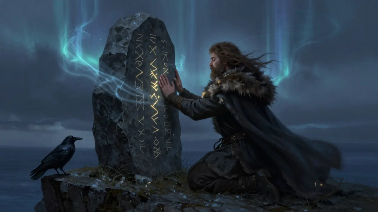 Un hombre practicando seidr en un acantilado bajo las auroras boreales.