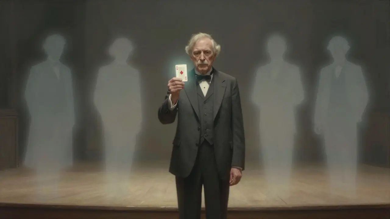 Un mago anciano sostiene una carta mientras sombras de grandes magos lo rodean en la penumbra.