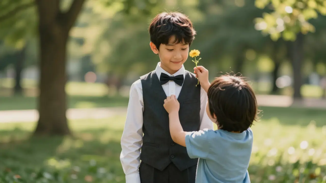 Un mago en ropa normal hace aparecer una flor detrás de la oreja de un niño en un parque.