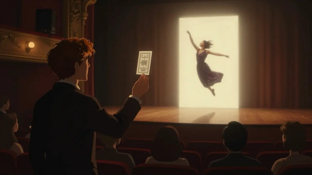 Un mago hace aparecer a una mujer en el aire mientras una carta flota cerca, en un teatro oscuro con luz cálida.
