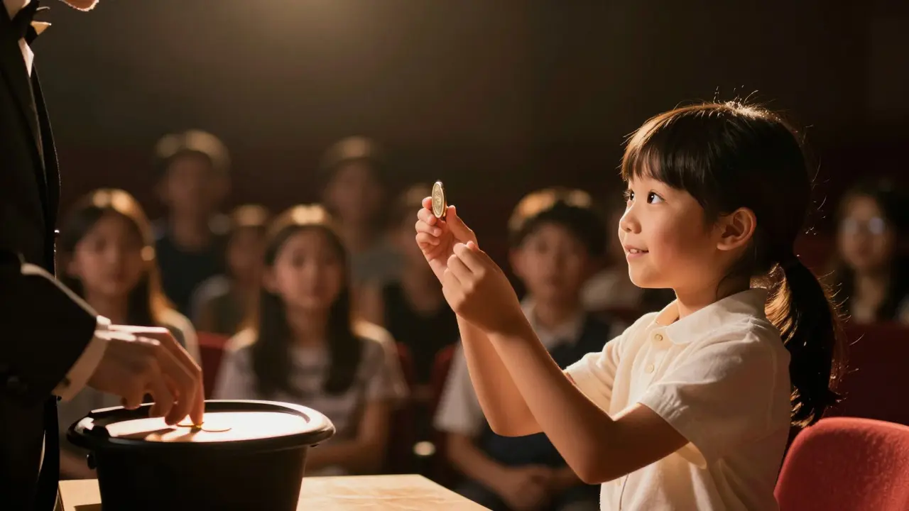 Un mago hace desaparecer una moneda frente a un niño que lo mira con asombro.