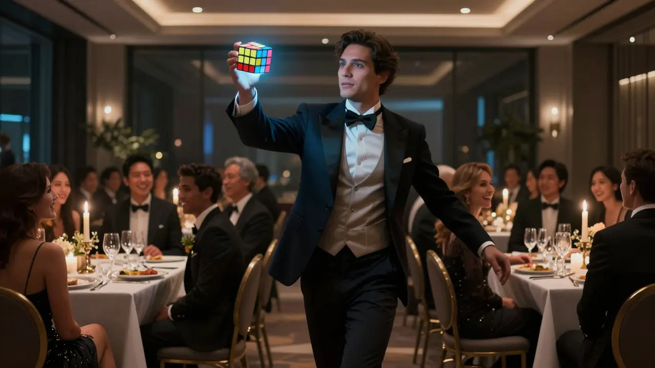 Un mago se mueve entre mesas en un evento corporativo, un cubo de Rubik brilla mientras se transforma.