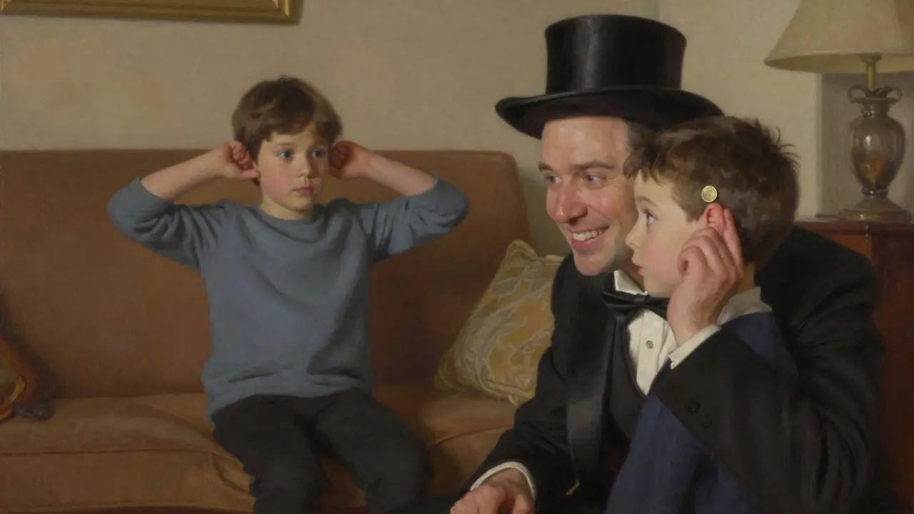 Un mago sonríe mientras un niño se maravilla, sin notar que un ayudante lo imita sutilmente.