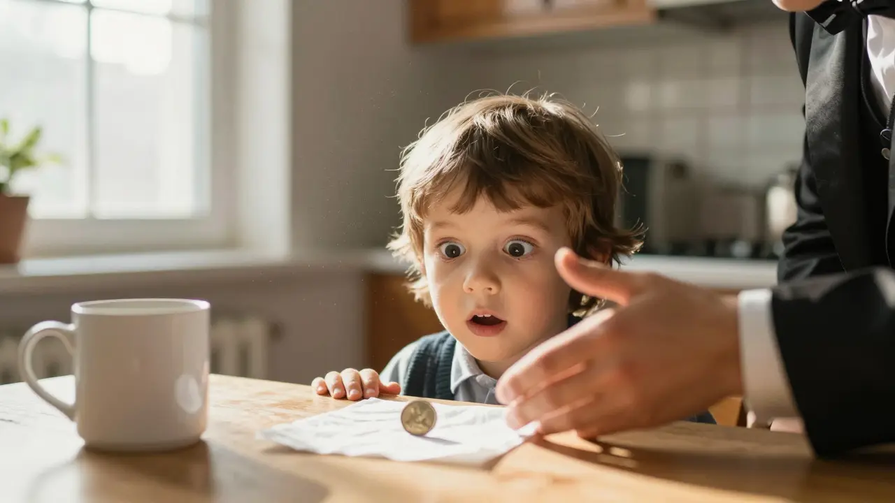 Un niño con ojos abiertos de asombro mira cómo desaparece una moneda bajo una servilleta.