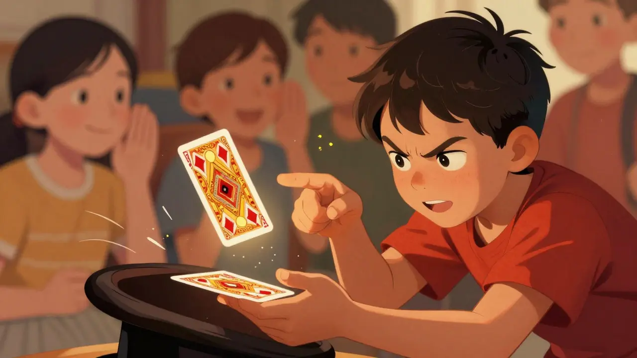 Un niño de cinco años observa con atención una carta que flota entre las manos de un mago.