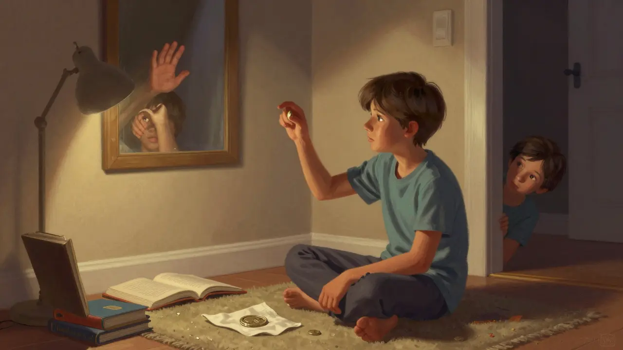 Un niño de nueve años practica un truco de moneda en casa, reflejado en un espejo.