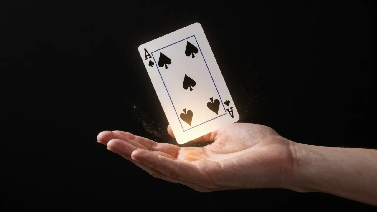 Una carta flotando como extensión de la mano del mago, fusión entre piel y cartón.
