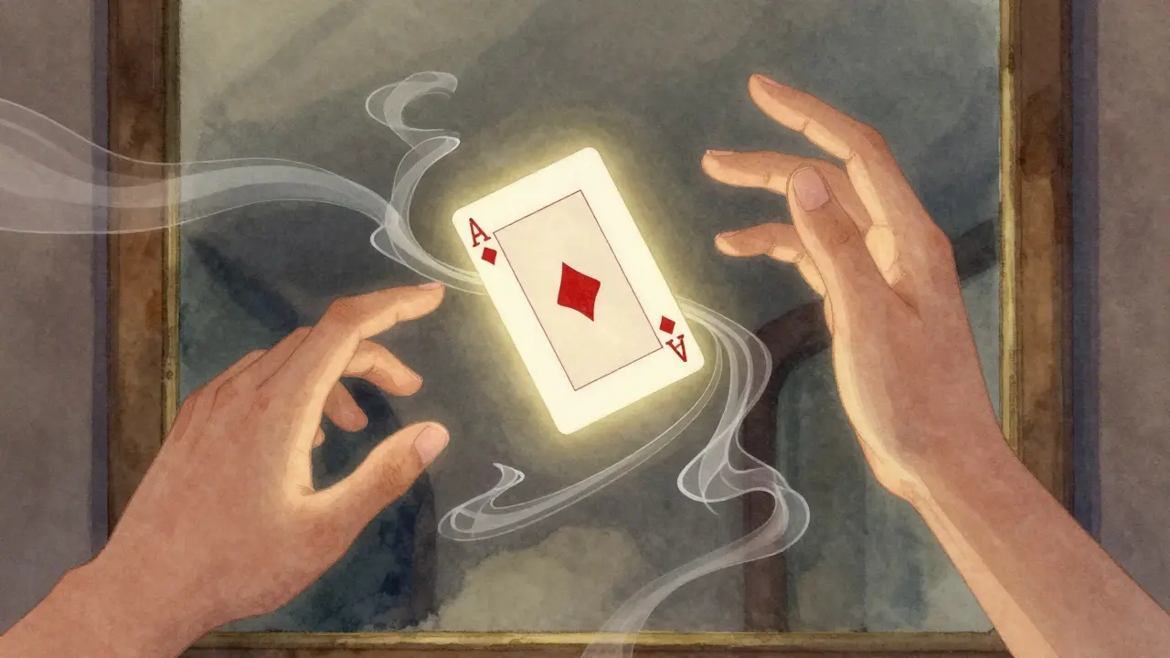 Una carta flotando entre dos manos, con corrientes de aire visibles y una mano levantada como distracción.
