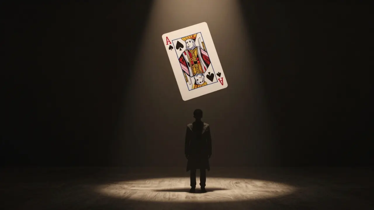 Una carta girando lentamente en la oscuridad, iluminada por un haz de luz, sin hilos ni dispositivos visibles.