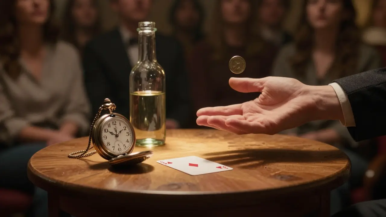 Una carta, un reloj y una botella sobre una mesa, con una moneda flotando en el aire, bajo una luz cálida y misteriosa.