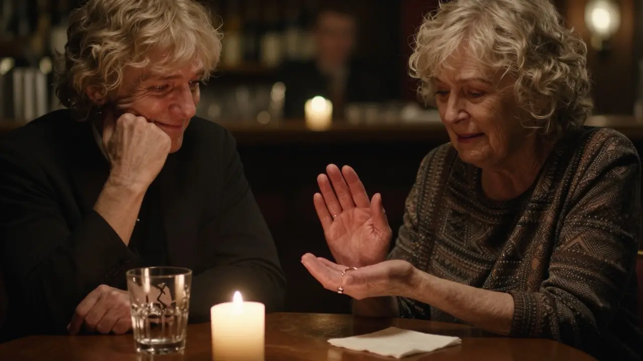 Una mujer mayor llora al ver un anillo reaparecer en su mano, bajo la luz de una vela.