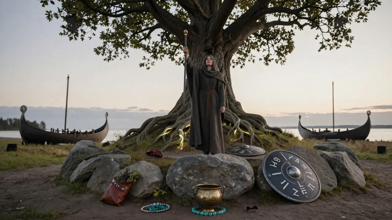 Una ritual en una colina con un bastón y runas grabadas en un escudo al amanecer.