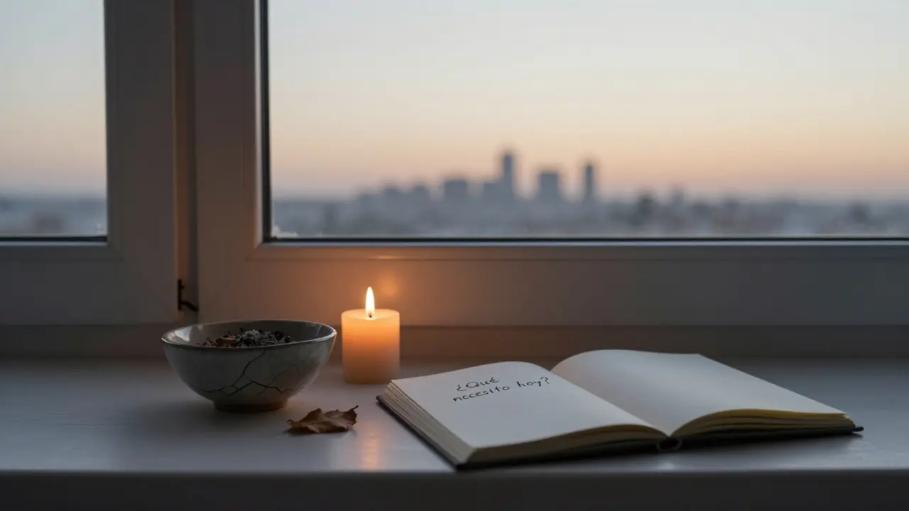 Vela apagada sobre una ventana con ceniza y un diario abierto al amanecer.