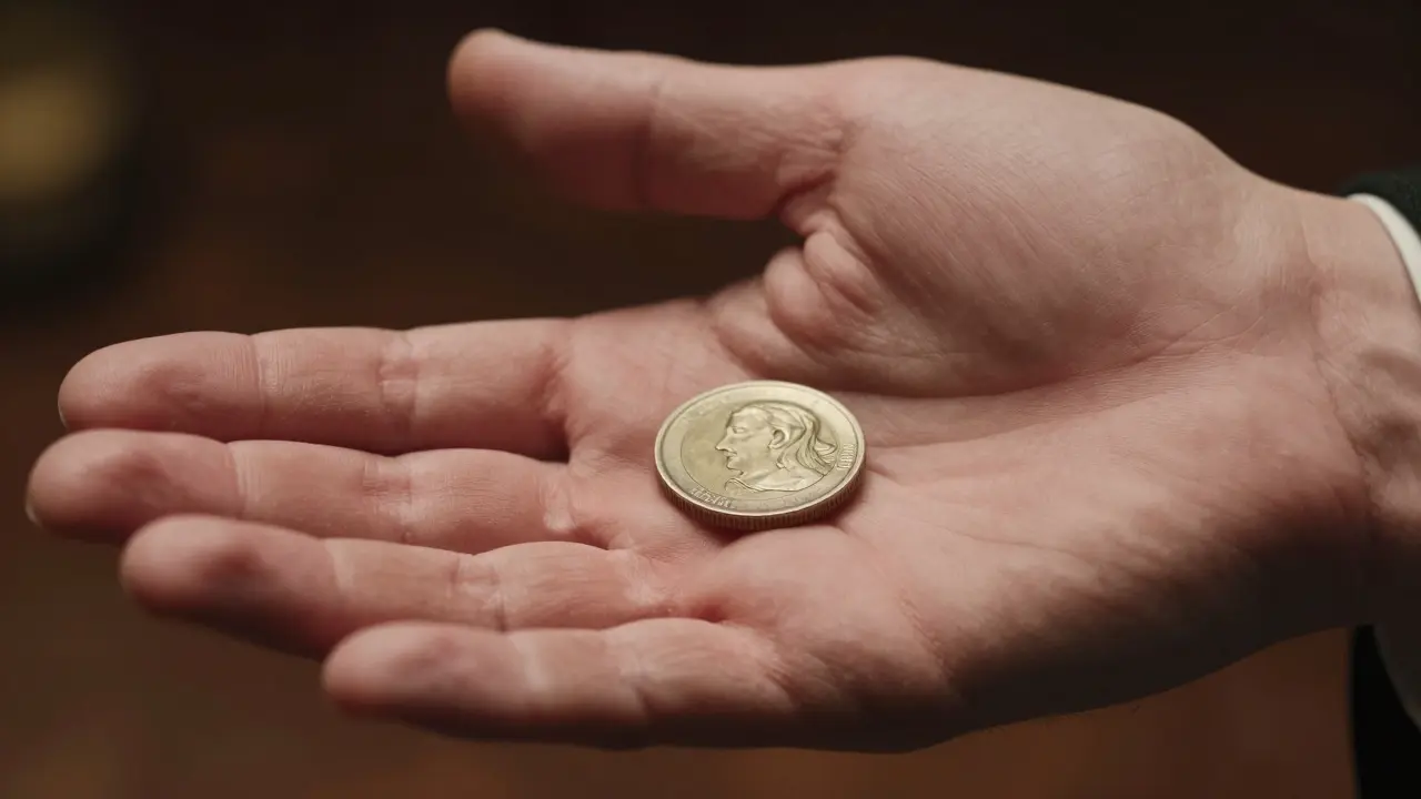 Close-up de la mano de un mago ocultando una moneda en la palma con precisión.