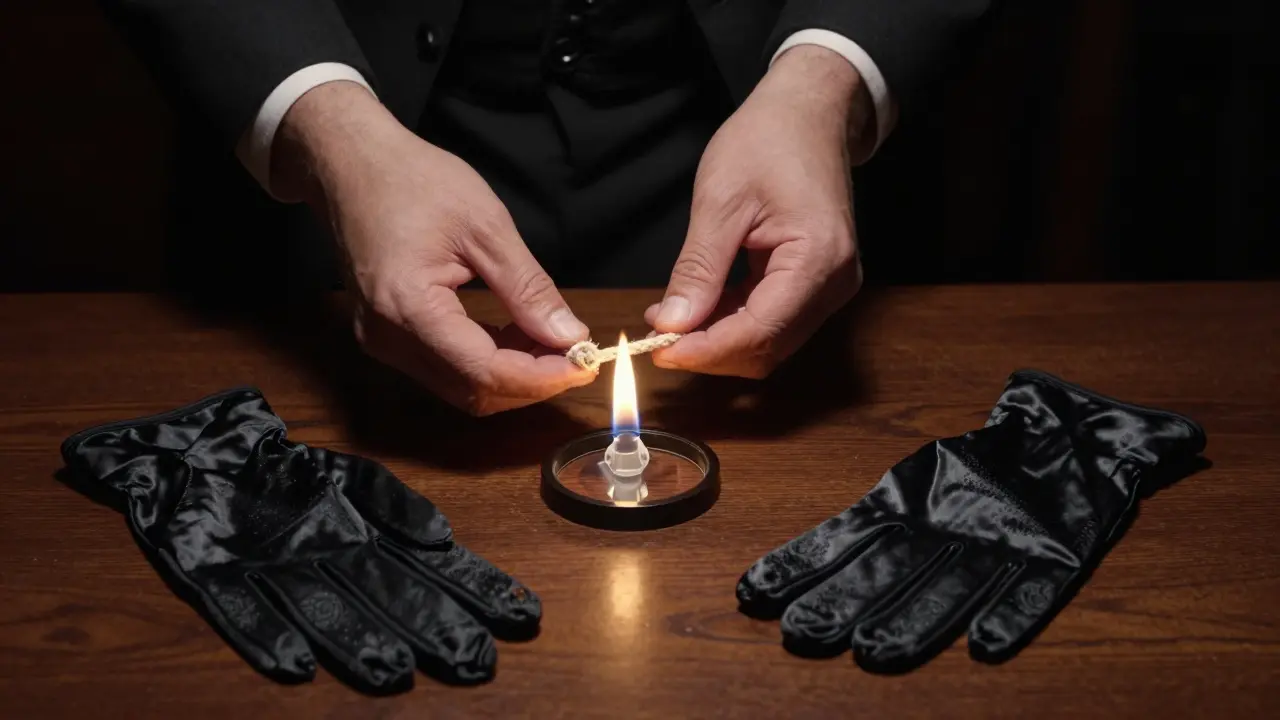 Cuerda de algodón sellada, un espejo pequeño en un anillo y guantes de seda sobre una mesa de madera oscura.