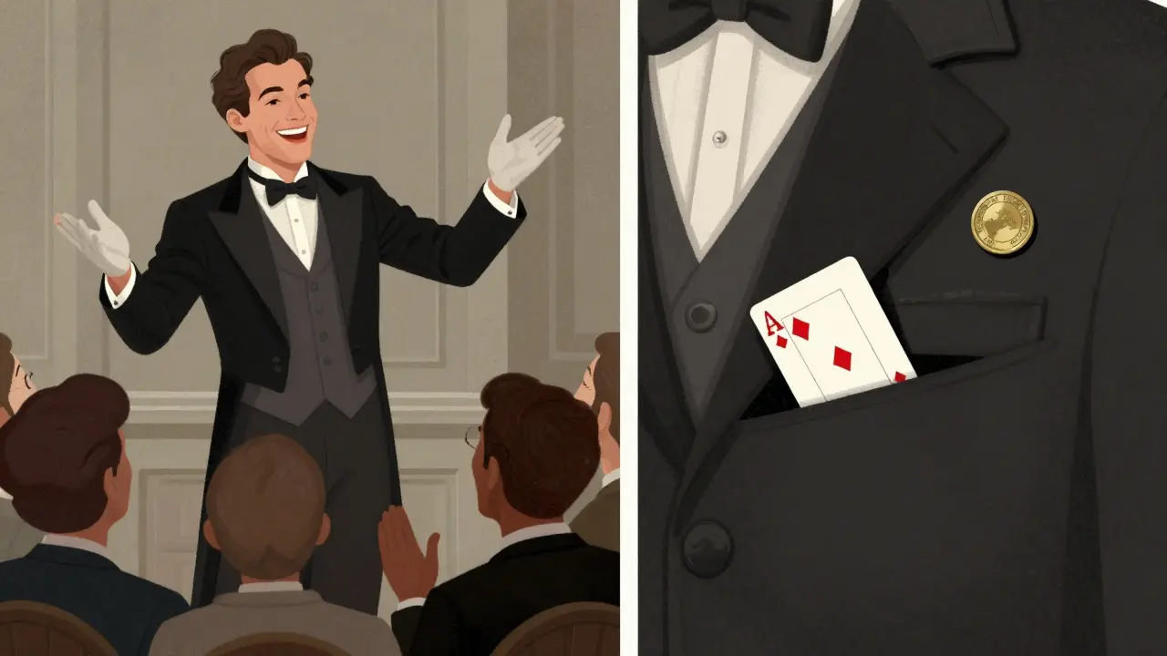 Escena dividida: público riendo mientras se revelan los trucos ocultos del mago.